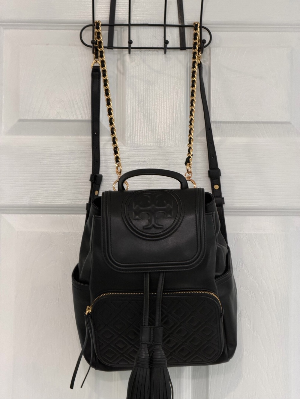 Tory Burch Black Leather Backpack with Gold Chain Straps